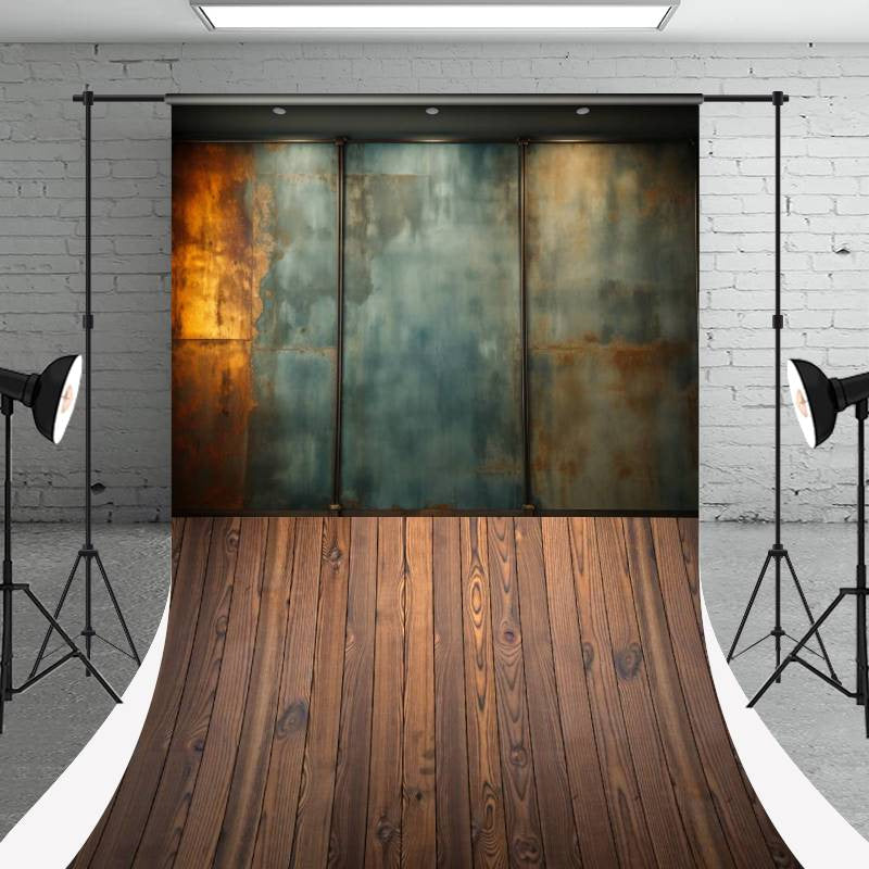 Aperturee - Retro Rusty Metal Texture Wall Wood Floor Photo Backdrop