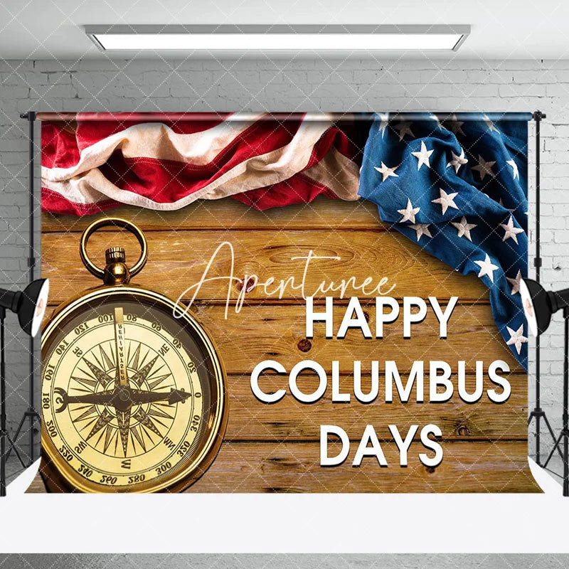 Aperturee - Retro Usa Flag Compass Wooden Columbus Day Backdrop