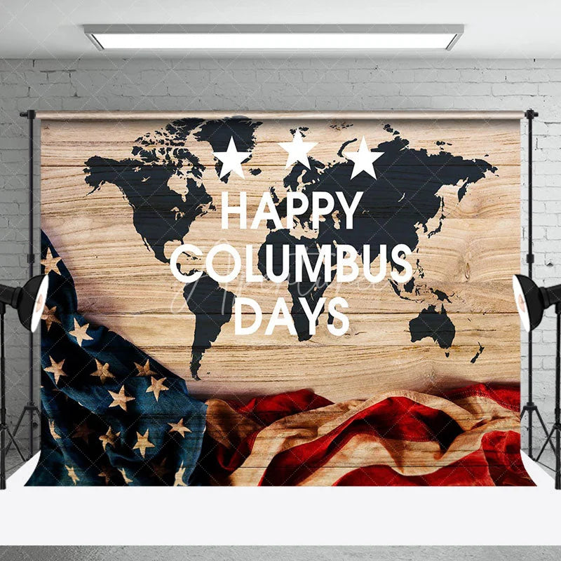 Aperturee - Retro Usa Flag Map Wood Happy Columbus Day Backdrop
