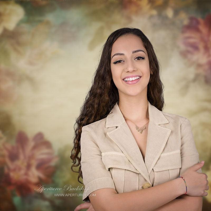 Aperturee - Retro White Floral Faded Blue Maternity Photo Backdrop