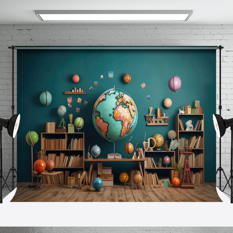Aperturee - Retro Wooden Floor Geography Globe Books Backdrop
