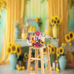Aperturee - Retro Wooden Wall Sunflower Indoor Photo Backdrop