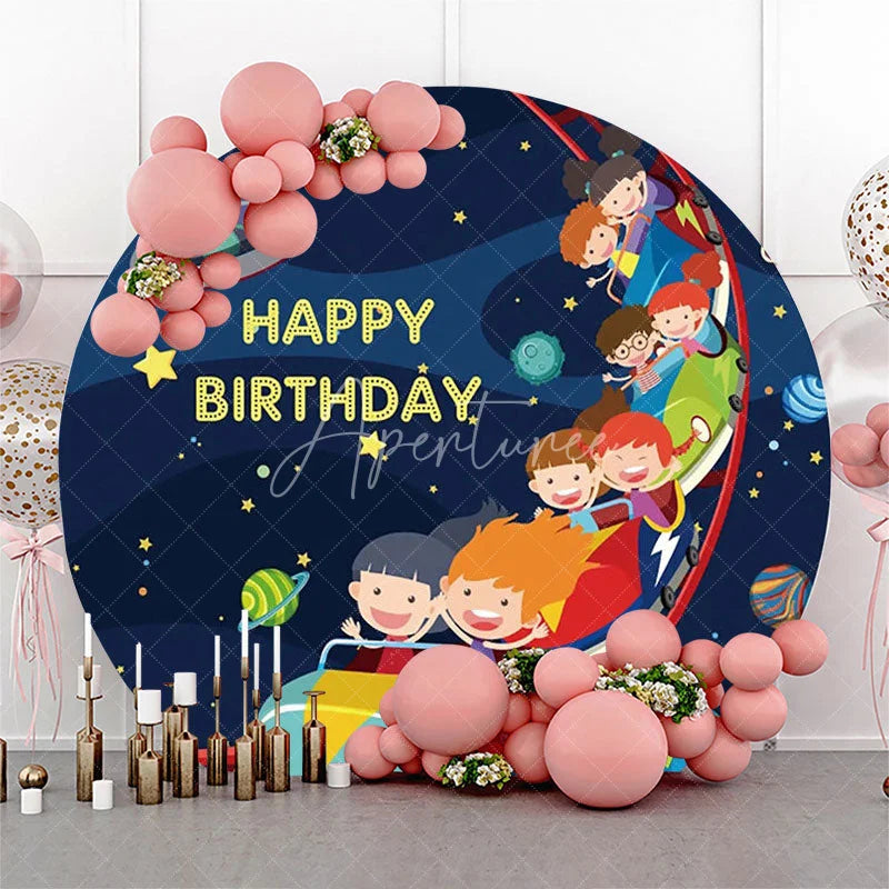 Aperturee - Roller Coaster Child Galaxy Round Birthday Backdrop