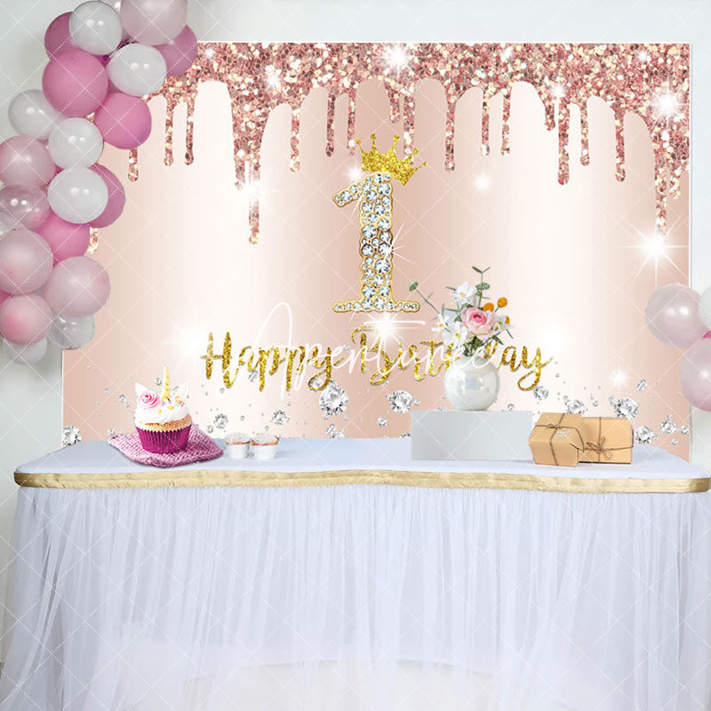 Aperturee - Rose Glod Glitter Diamond 1st Birthday Backdrop