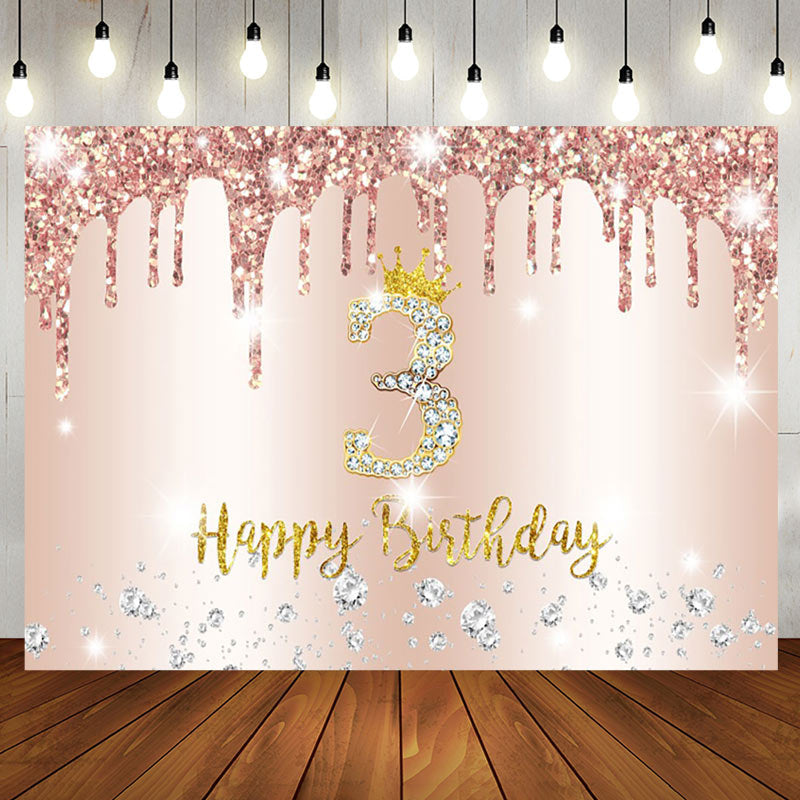 Aperturee - Rose Gold Glitter Diamond 3rd Happy Birthday Backdrop