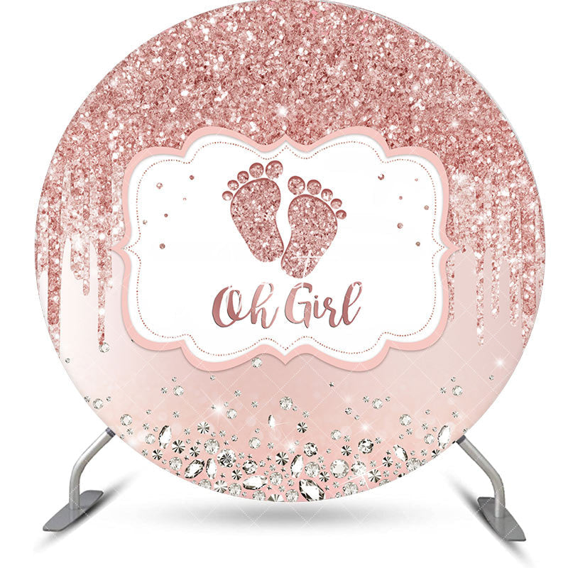 Aperturee - Rose Gold Glitter Oh Girl Round Baby Shower Backdrop