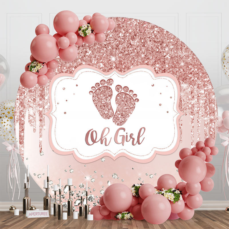 Aperturee - Rose Gold Glitter Oh Girl Round Baby Shower Backdrop