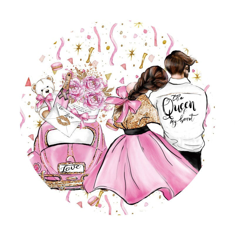 Aperturee - Rose Pink Glitter Girl And Boy Round Wedding Backdrop