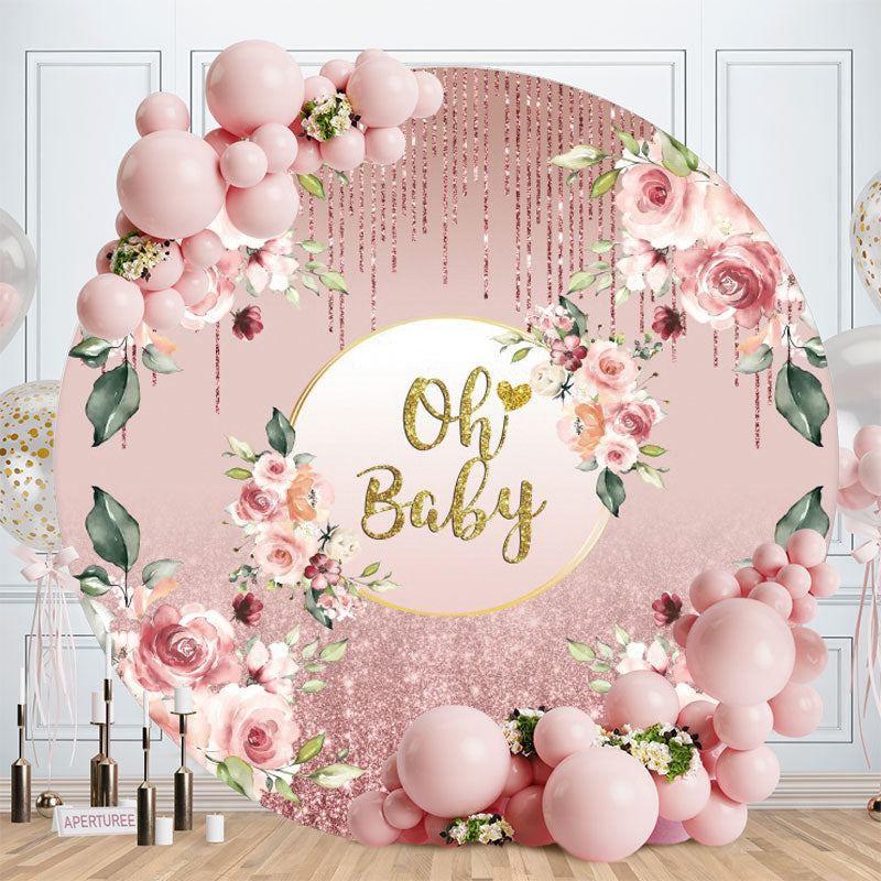 Aperturee - Rose Pink Glitter Gold Oh Baby Round Baby Shower Backdrop