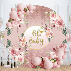 Aperturee - Rose Pink Glitter Gold Oh Baby Round Baby Shower Backdrop