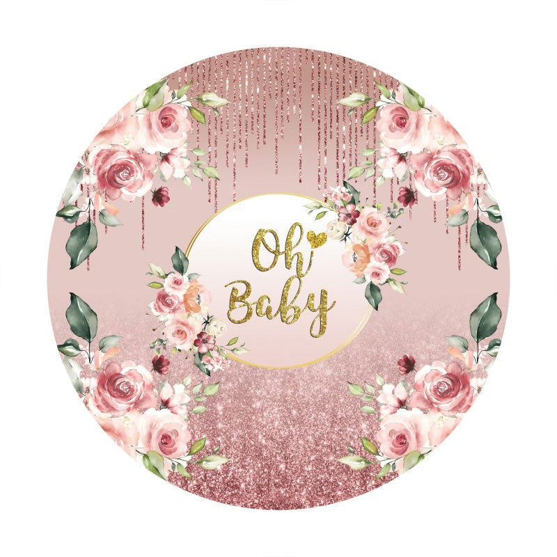 Aperturee - Rose Pink Glitter Gold Oh Baby Round Baby Shower Backdrop