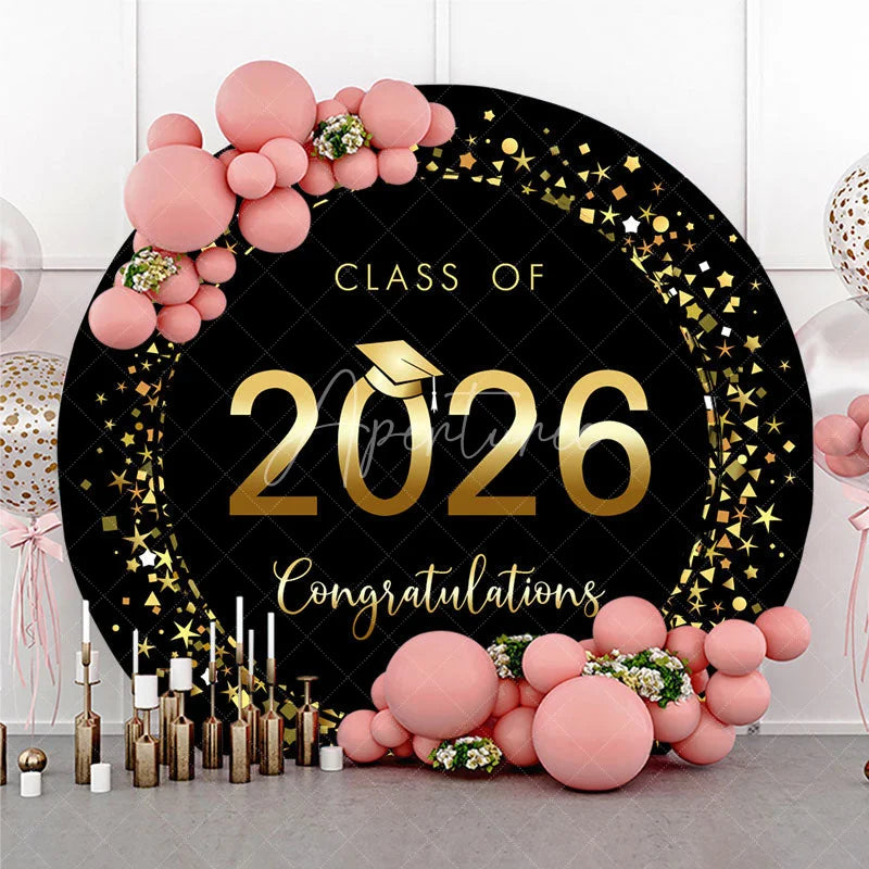 Aperturee - Round Black And Gold Class 2026 Graduation Backdrop