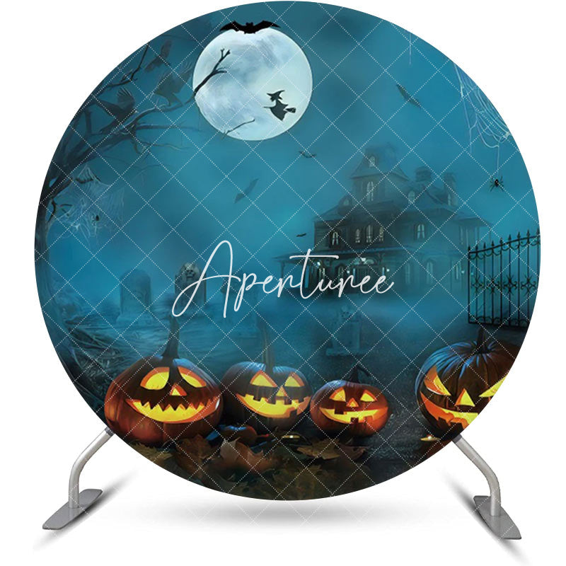 Aperturee - Round Foggy Moon Witch Pumpkin Halloween Backdrop