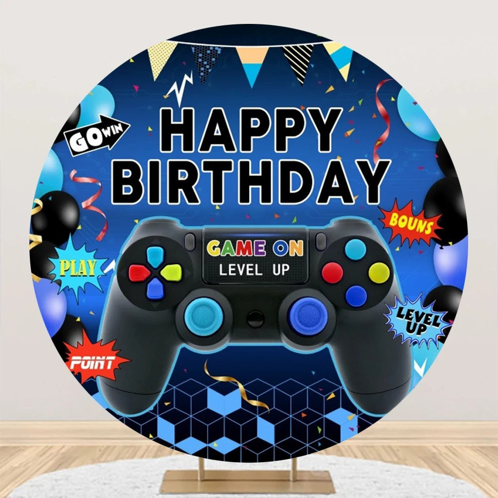 Aperturee - Round Gamepad Balloons Ribbons Blue Birthday Backdrop