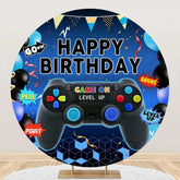 Aperturee - Round Gamepad Balloons Ribbons Blue Birthday Backdrop