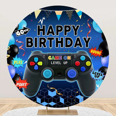 Aperturee - Round Gamepad Balloons Ribbons Blue Birthday Backdrop
