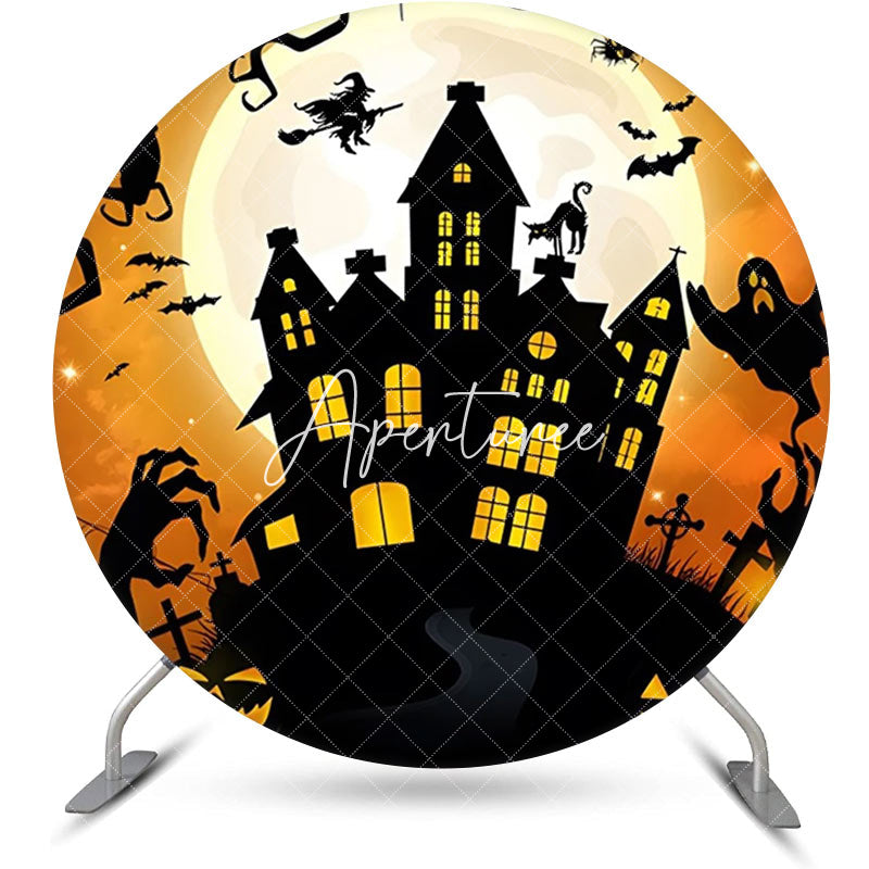 Aperturee - Round Ghost Castle Moon Night Halloween Backdrop