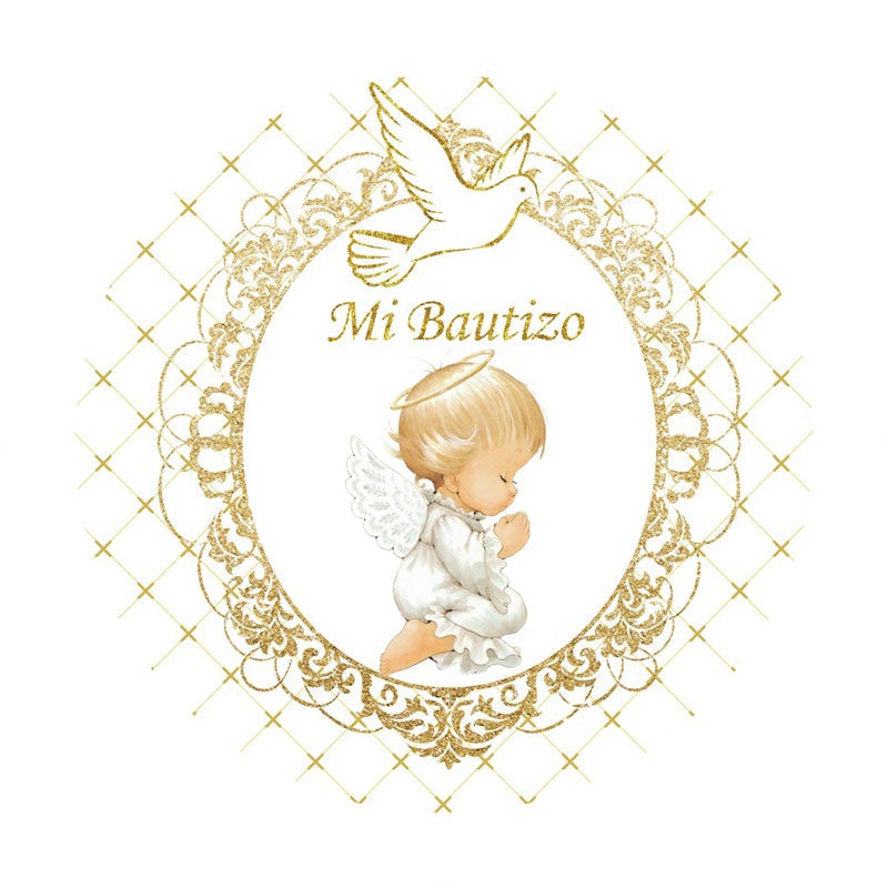 Aperturee - Round Gold Mi Bautizo Baby Shower Backdrop For Party