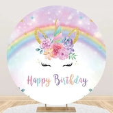 Aperturee - Round Rainbow Unicorn Floral Bokeh Birthday Backdrop