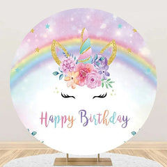 Aperturee - Round Rainbow Unicorn Floral Bokeh Birthday Backdrop