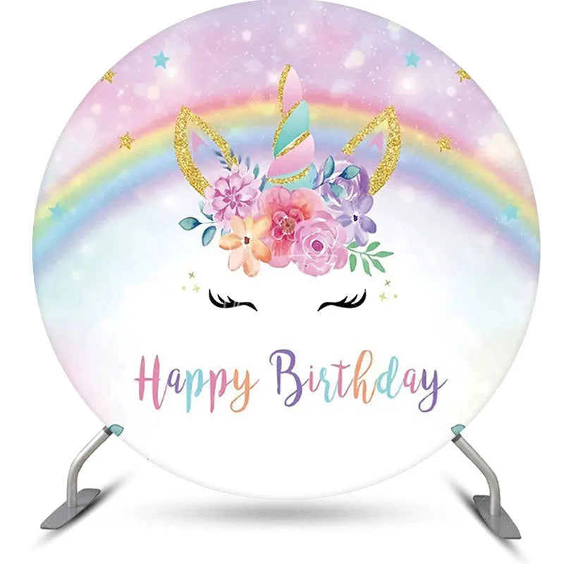 Aperturee - Round Rainbow Unicorn Floral Bokeh Birthday Backdrop