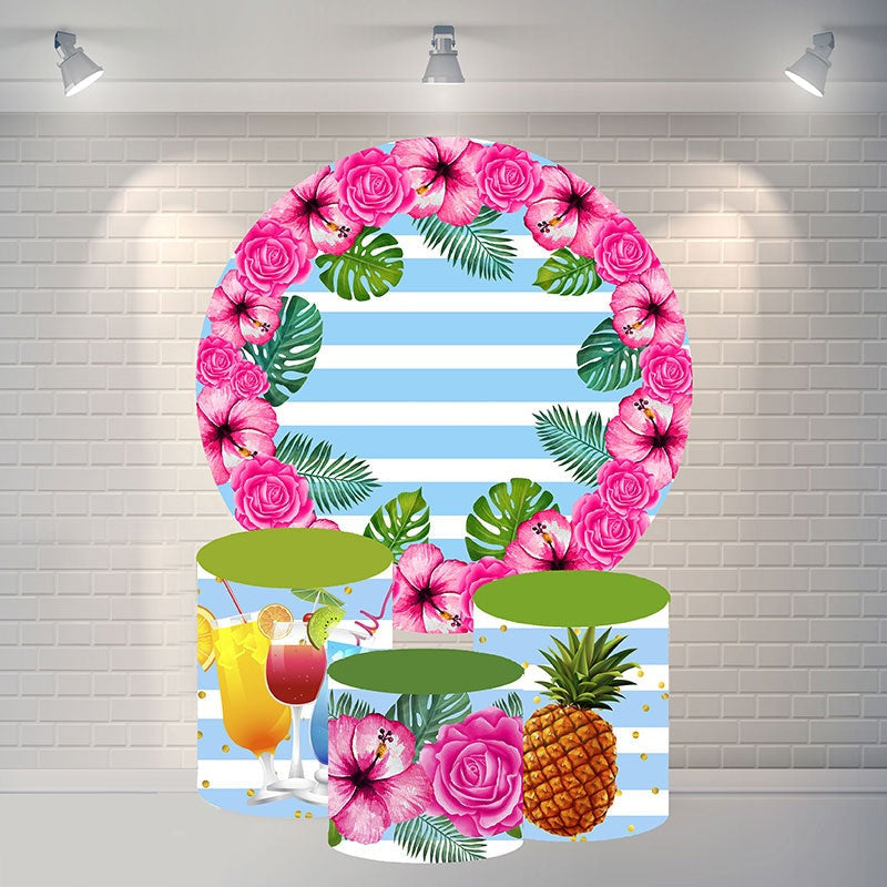 Aperturee Round Rose Blue White Stripes Happy Birthday Backdrop