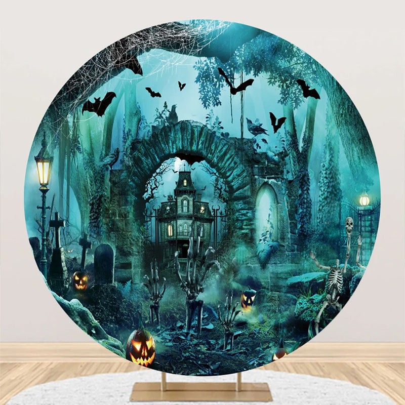 Aperturee - Round Scary Castle Skeleton Bats Halloween Backdrop