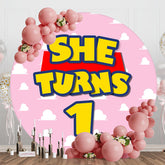 Aperturee - Round She Turns 1 Pink Cloud Happy Birthday Backdrop