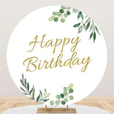 Aperturee Round Simple With Green Leaves Happy Birthday Backdrop