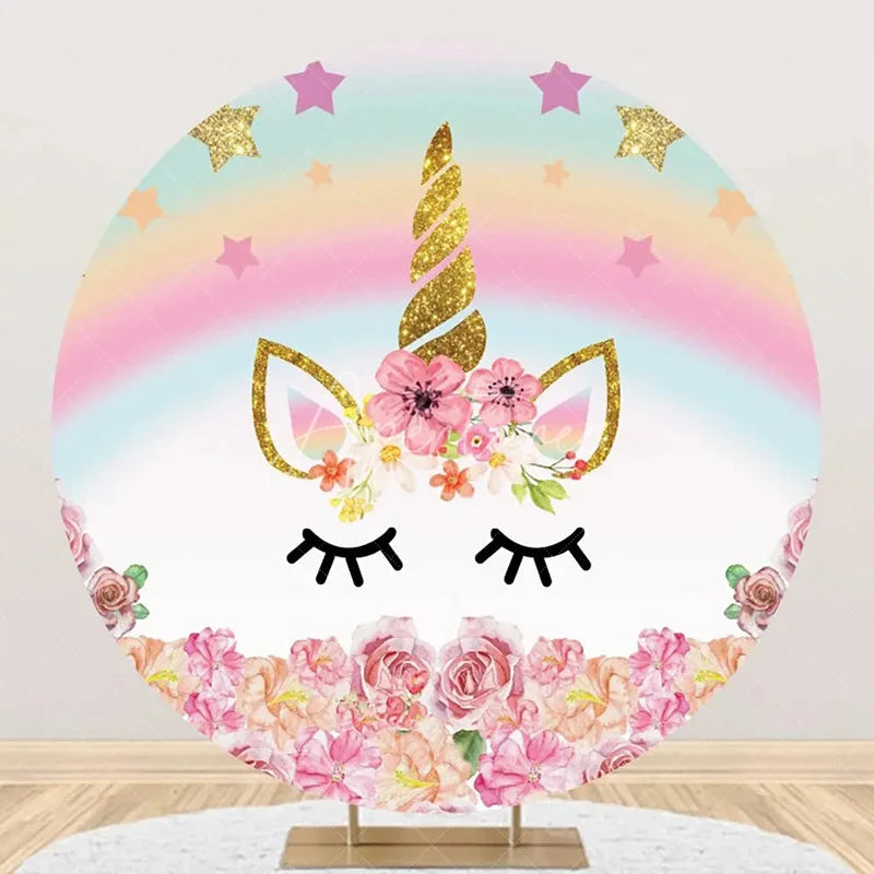 Aperturee - Round Star Rainbow Unicorn Floral Birthday Backdrop
