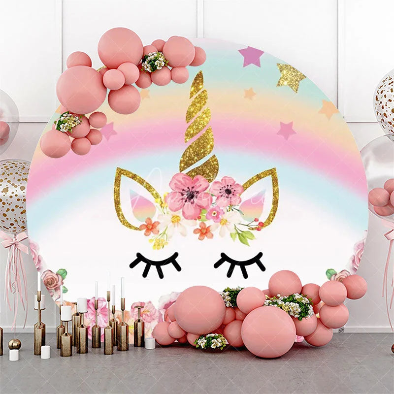 Aperturee - Round Star Rainbow Unicorn Floral Birthday Backdrop