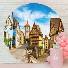 Aperturee - Round Unique House And Blue Sky Happy Birthday Backdrop