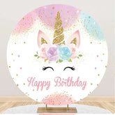 Aperturee - Round White Floral Unicorn Happy Birthday Backdrop