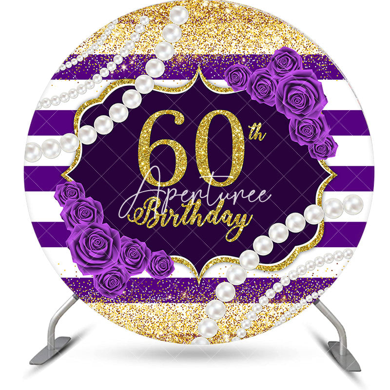 Aperturee - Round White Purple Stripe 60th Birthday Backdrop