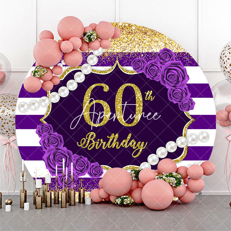 Aperturee - Round White Purple Stripe 60th Birthday Backdrop