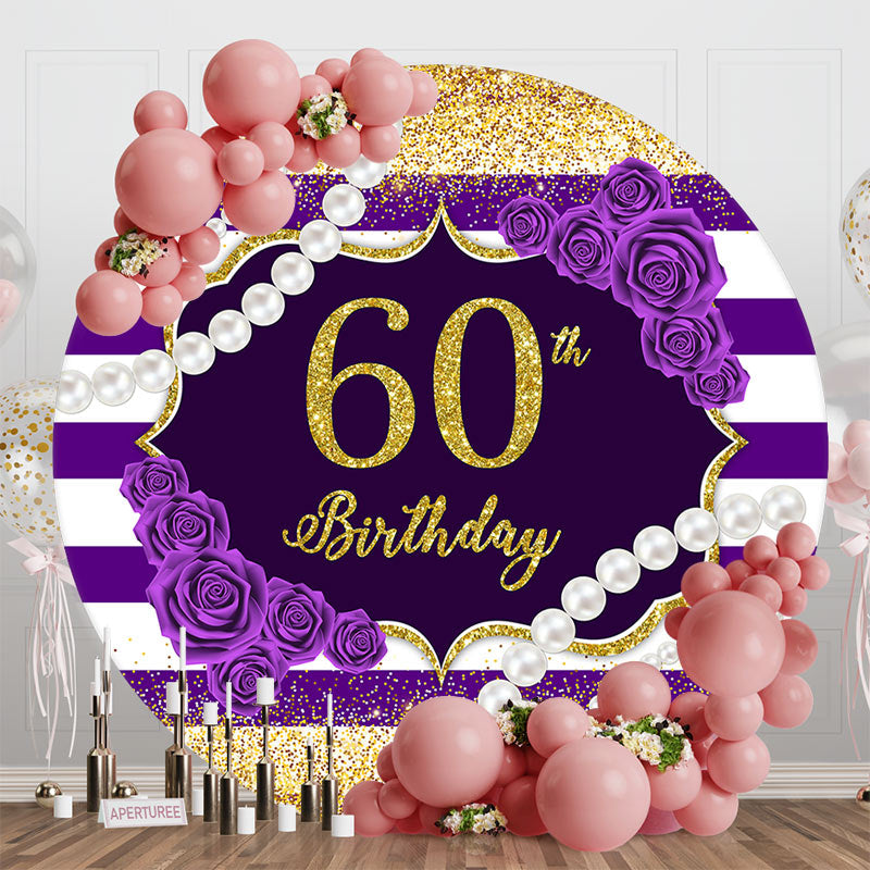 Aperturee - Round White Purple Stripe 60th Birthday Backdrop