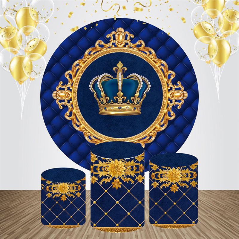 Aperturee - Royal Blue Gold Crown Round Birthday Backdrop Kit