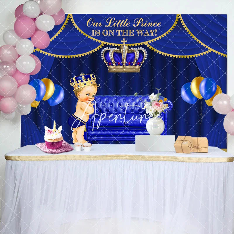 Aperturee - Royal Blue Little Prince Crown Baby Shower Backdrop