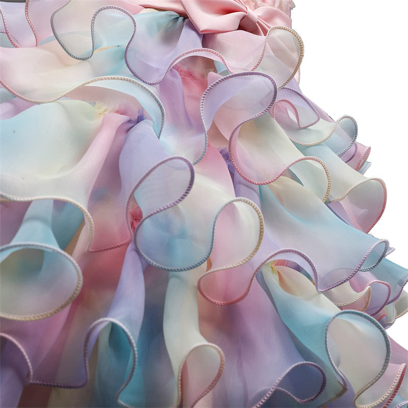 Aperturee - Flower Ruffle Rainbow Tulle Bow Party Kids Dress