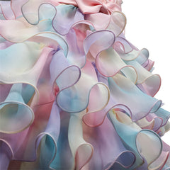 Aperturee - Flower Ruffle Rainbow Tulle Bow Party Kids Dress