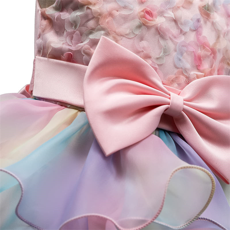 Aperturee - Flower Ruffle Rainbow Tulle Bow Party Kids Dress