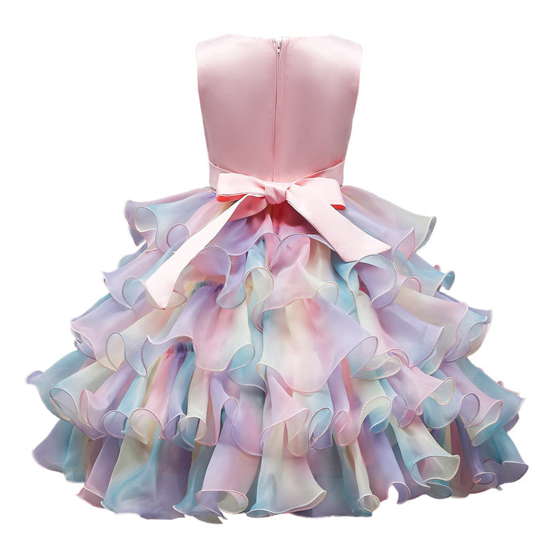Aperturee - Flower Ruffle Rainbow Tulle Bow Party Kids Dress