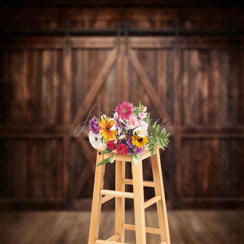 Aperturee - Rustic Dark Brown Wooden Floor Barn Door Backdrop