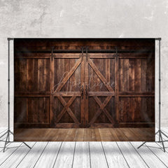 Aperturee - Rustic Dark Brown Wooden Floor Barn Door Backdrop
