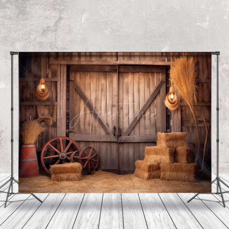 Aperturee - Rustic Retro Brown Hay Wooden Barn Door Backdrop