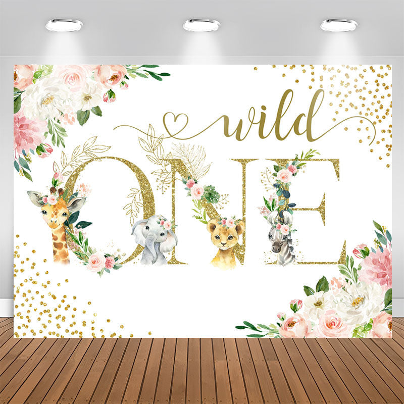 Aperturee - Safari And Floral Glitter Wild One Birthday Backdrop