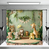 Aperturee - Safari Animal Doll Jungle Plant Wood Photo Backdrop