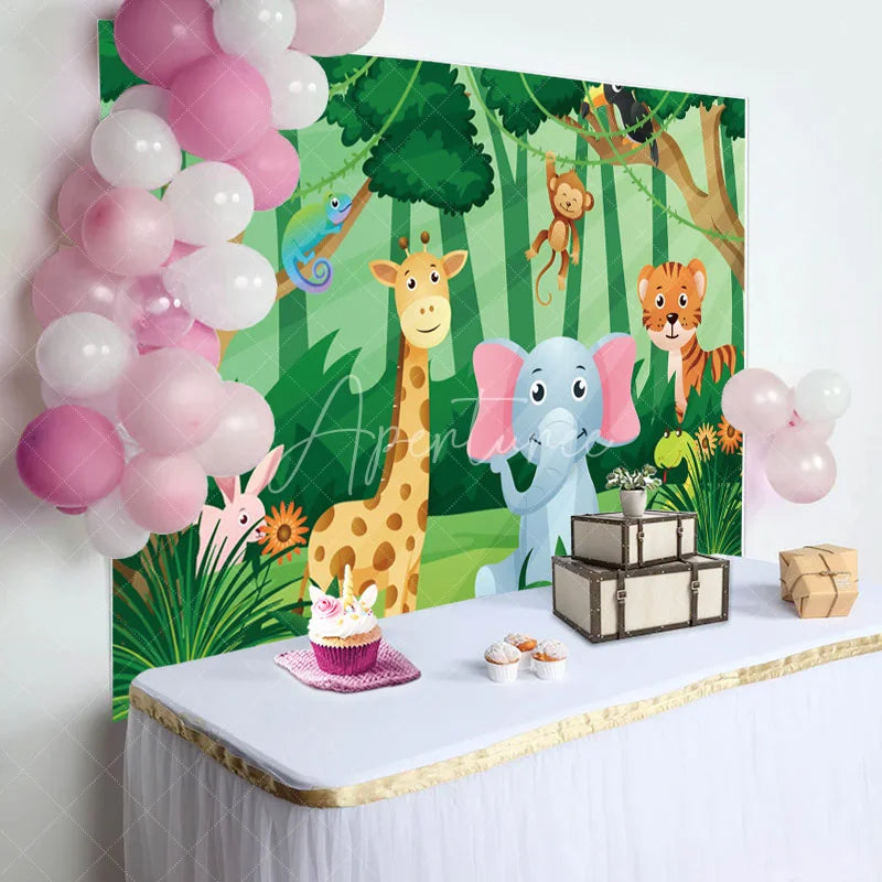 Aperturee - Safari Animals Green Grass Baby Shower Backdrop
