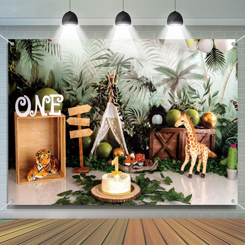 Aperturee - Safari Green Leaves 1st Birthday Cake Smash Backdrop