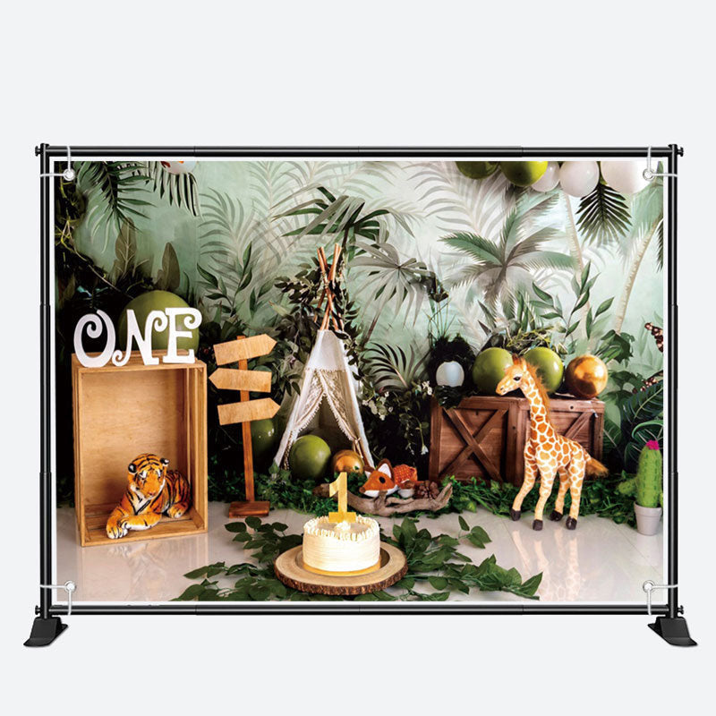Aperturee - Safari Green Leaves 1st Birthday Cake Smash Backdrop